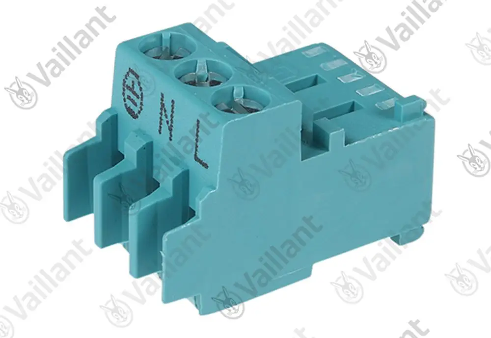 Vaillant Stecker in blau, 3-polig mit Anschlussklemmen. Gezeigt sind die Markierungen für N und L. Klar strukturiert für elektrische Verbindungen.